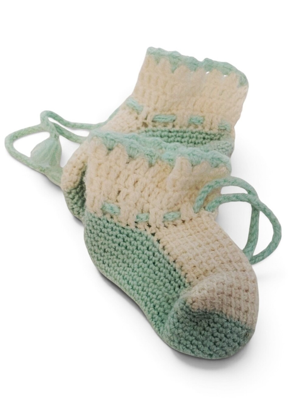 VINTAGE Baby Knit Booties Soft Wool Socks Crochet Cream Aqua Green 0